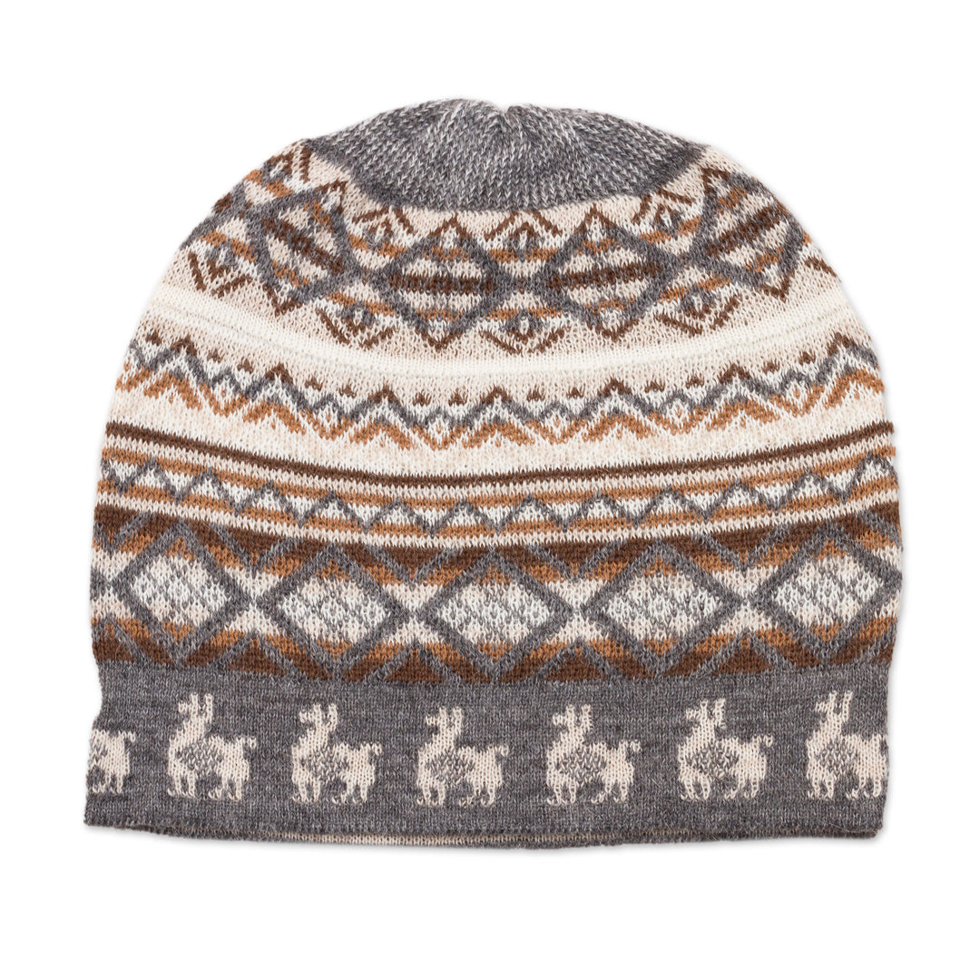 Off-White Brown and Grey Diamond Motif Alpaca Blend Knit Hat - Alpaca Mountain