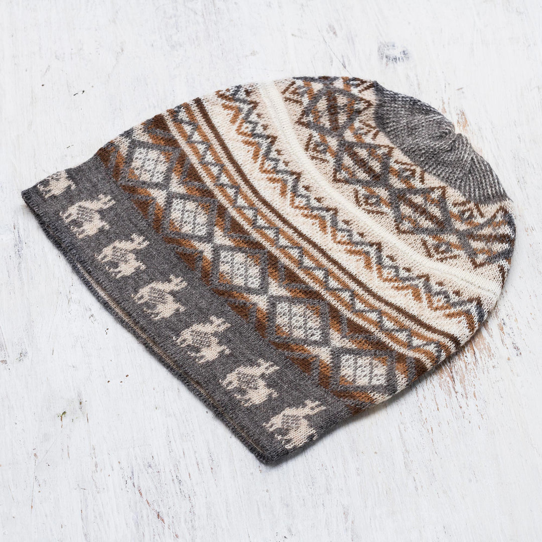 Off-White Brown and Grey Diamond Motif Alpaca Blend Knit Hat - Alpaca Mountain