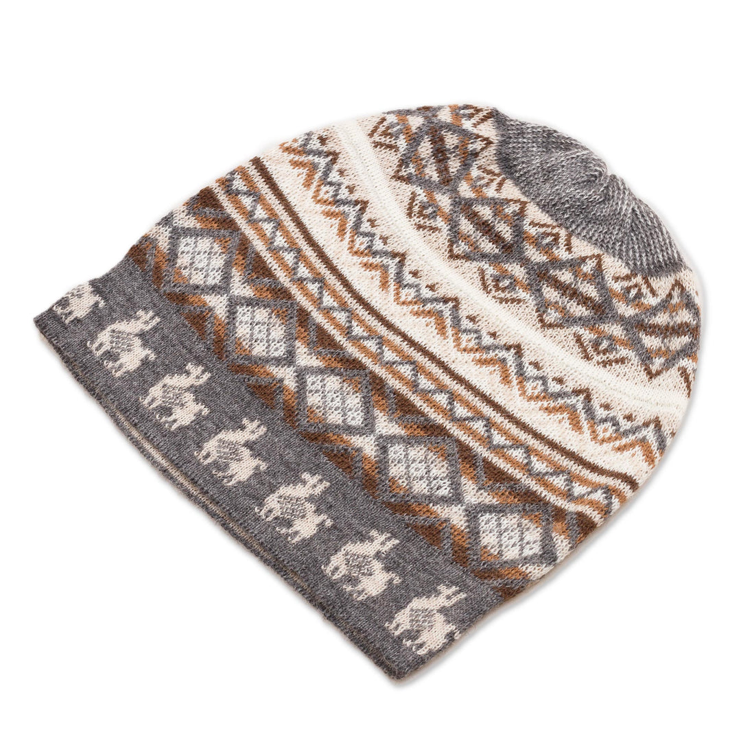 Off-White Brown and Grey Diamond Motif Alpaca Blend Knit Hat - Alpaca Mountain