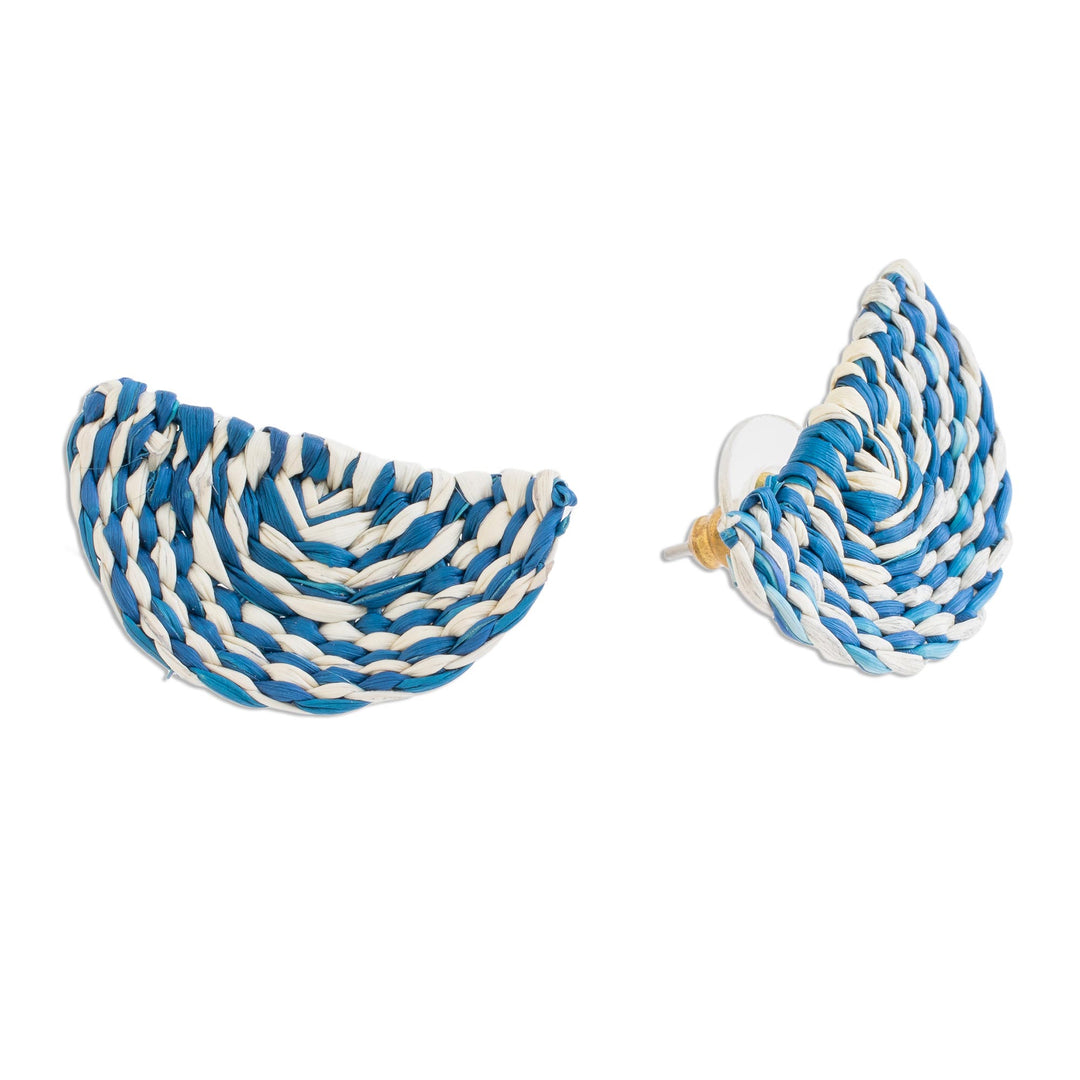Blue and Ivory Woven Junco Reed Half-Circle Button Earrings - Creamsicle Swirl