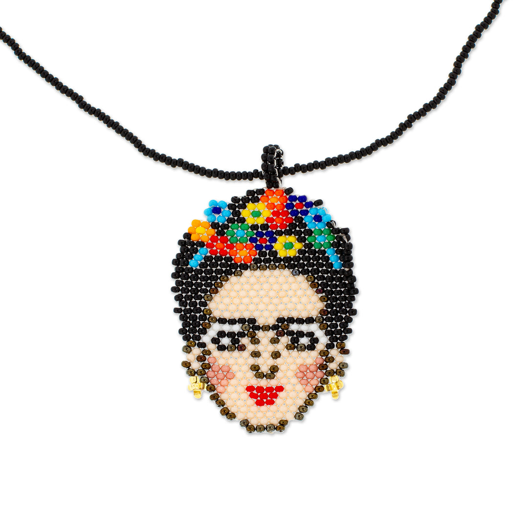 Frida-Themed Glass Beaded Pendant Necklace from Mexico - Fantastic Frida
