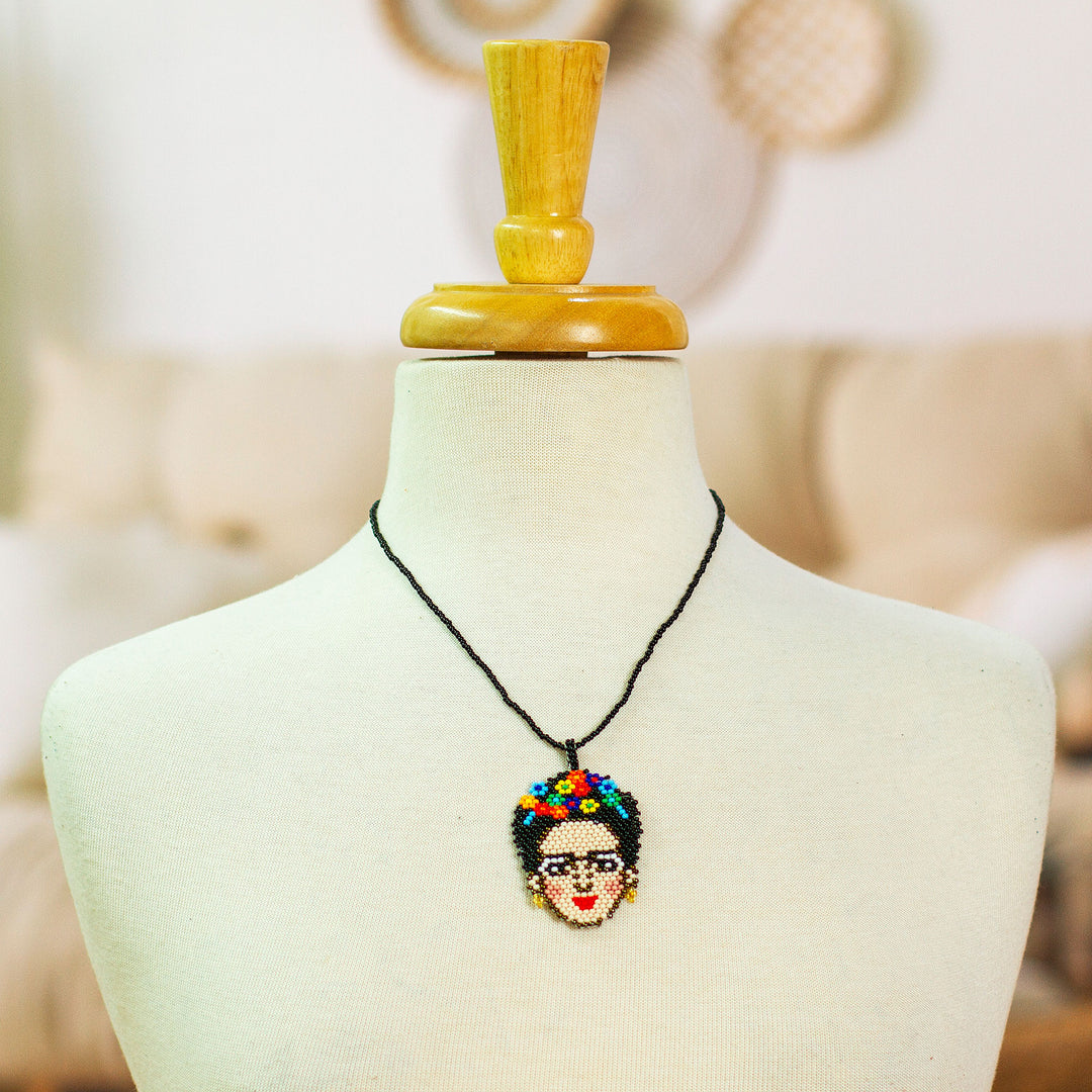 Frida-Themed Glass Beaded Pendant Necklace from Mexico - Fantastic Frida