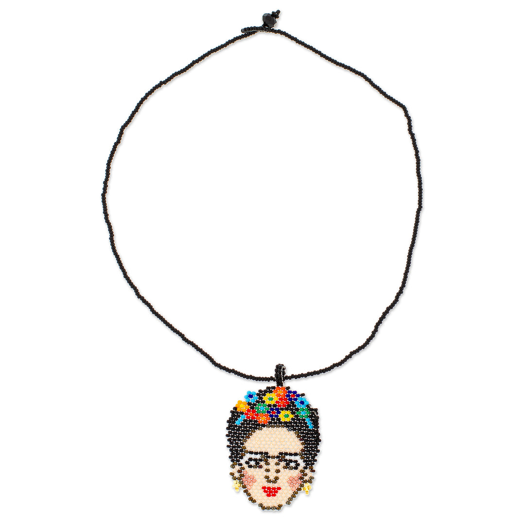 Frida-Themed Glass Beaded Pendant Necklace from Mexico - Fantastic Frida