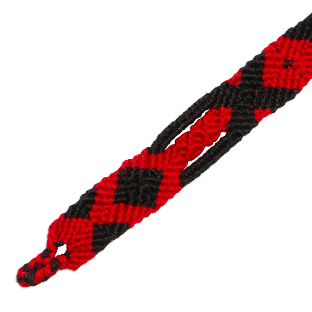 Macrame Crimson and Ebony Cotton Wristband Bracelet - Crimson Friendship