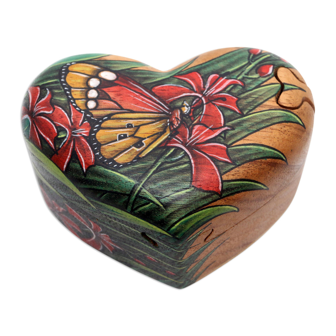 Hand-Painted Heart-Shaped Wood Butterfly Puzzle Box - Butterfly Love