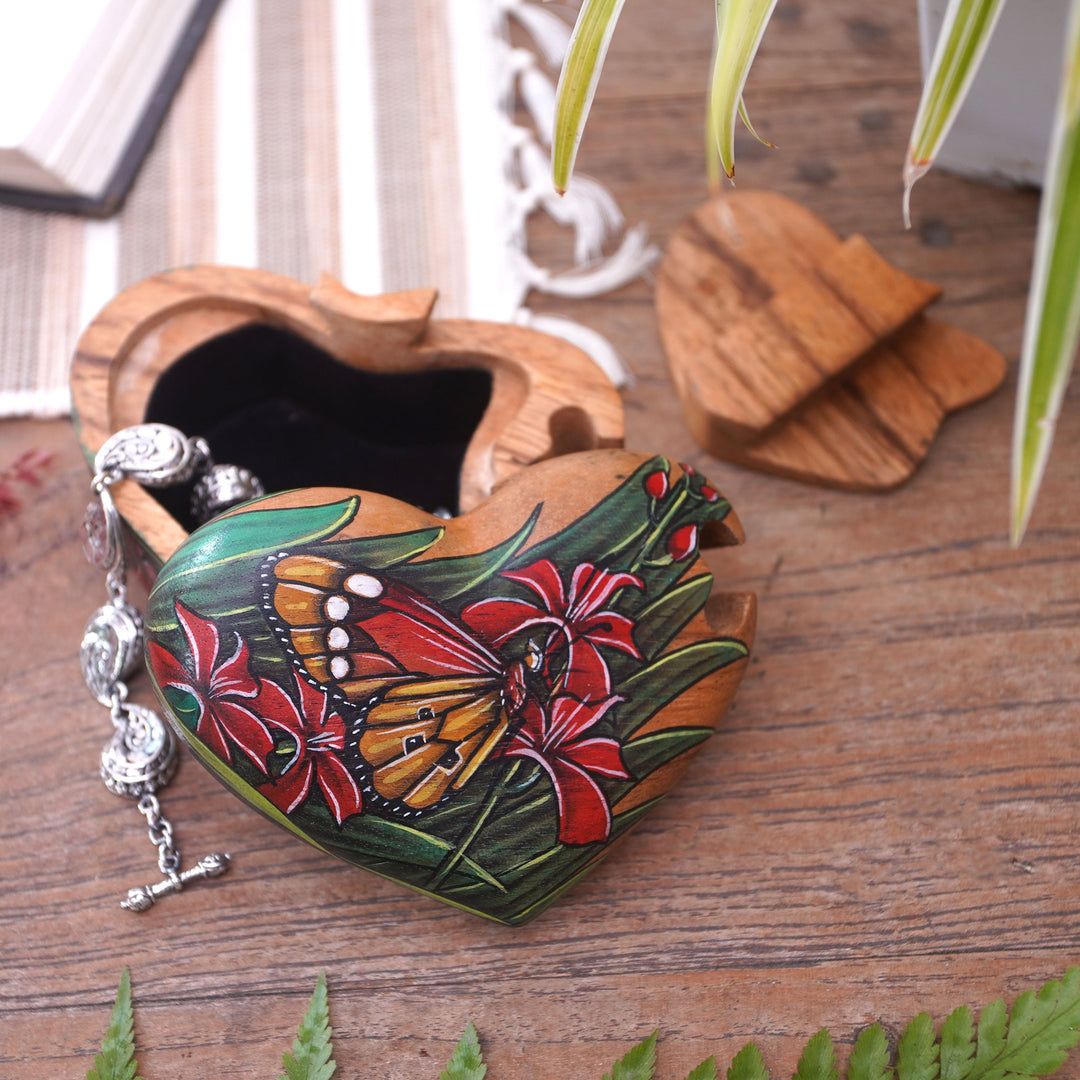 Hand-Painted Heart-Shaped Wood Butterfly Puzzle Box - Butterfly Love