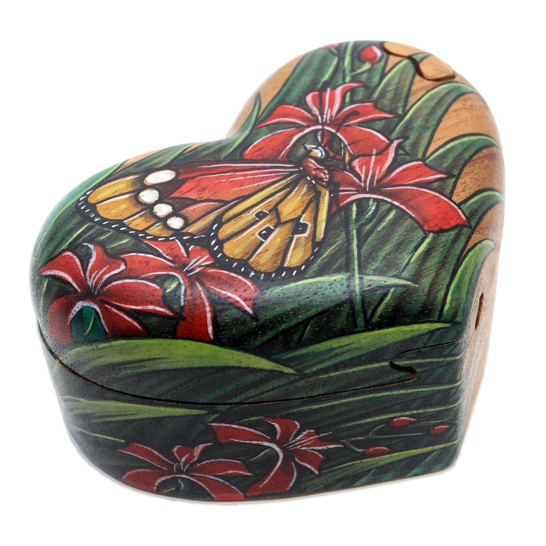 Hand-Painted Heart-Shaped Wood Butterfly Puzzle Box - Butterfly Love