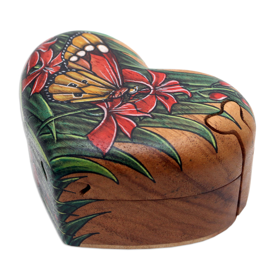 Hand-Painted Heart-Shaped Wood Butterfly Puzzle Box - Butterfly Love