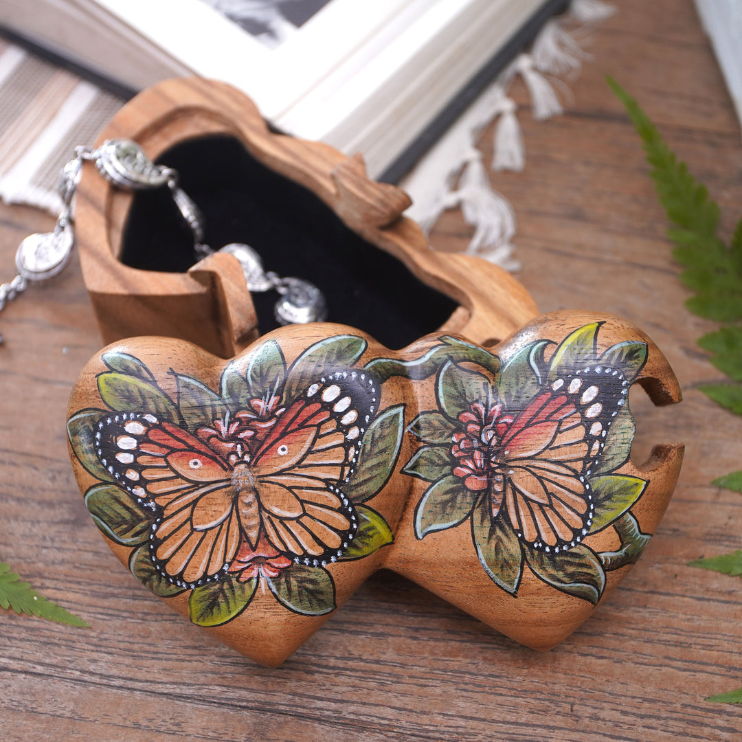 Hand-Painted Double Heart Wood Butterfly Puzzle Box - Twin Butterfly Hearts