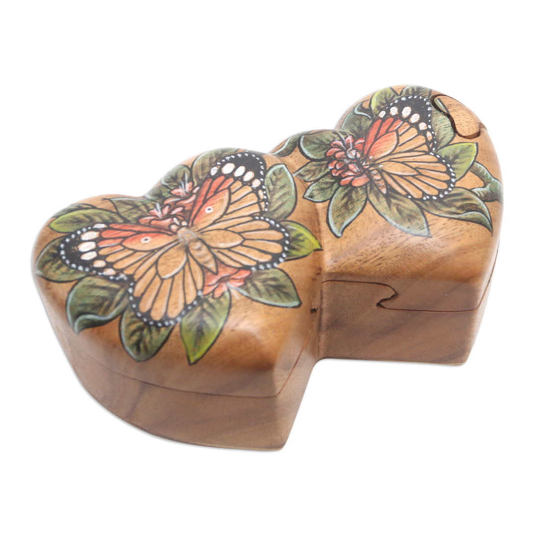 Hand-Painted Double Heart Wood Butterfly Puzzle Box - Twin Butterfly Hearts