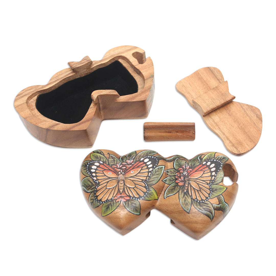 Hand-Painted Double Heart Wood Butterfly Puzzle Box - Twin Butterfly Hearts