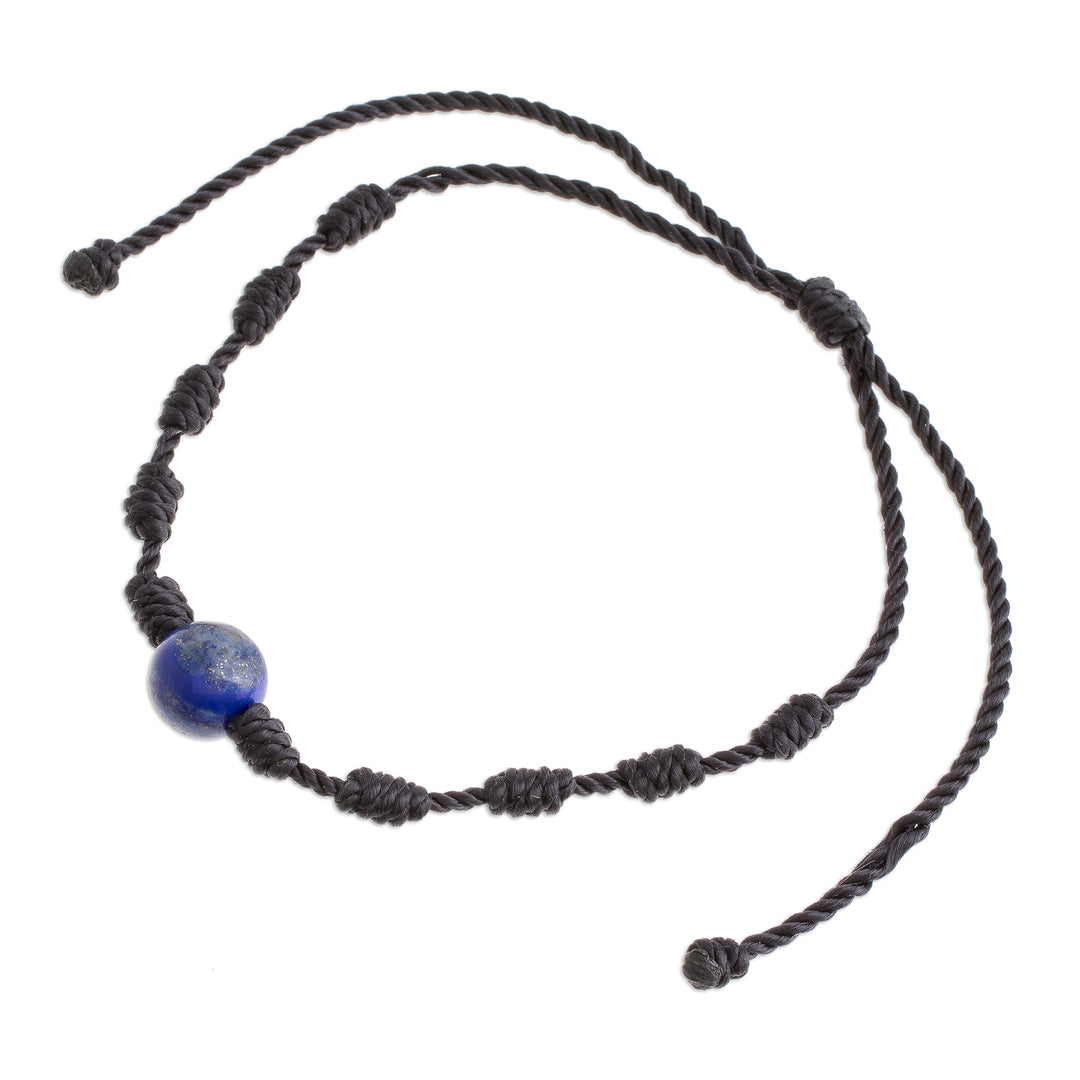 Lapis Lazuli and Nylon Knotted Cord Adjustable Bracelet - Bold Texture in Blue