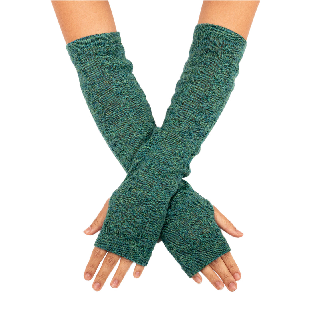 Green 100% Baby Alpaca Cable Knit Fingerless Mitts - Luscious Twist in Emerald