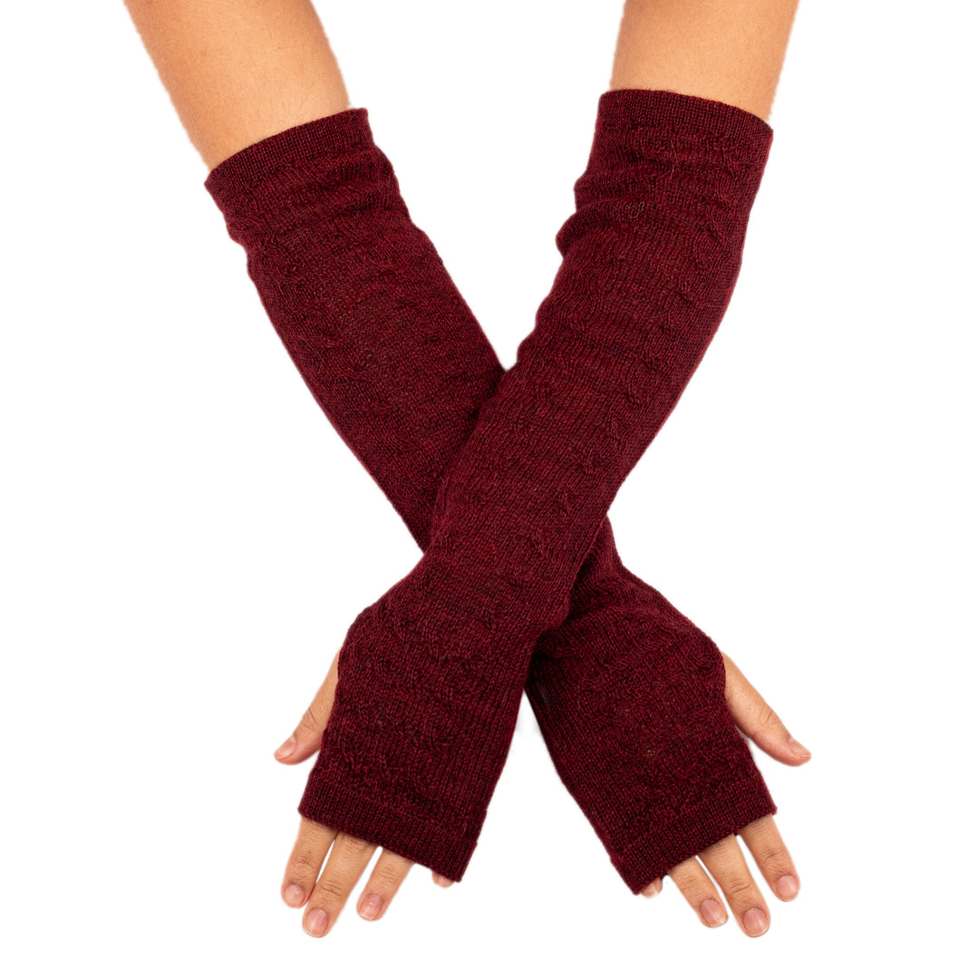 Burgundy 100% Baby Alpaca Cable Knit Fingerless Mitts - Luscious Twist in Burgundy