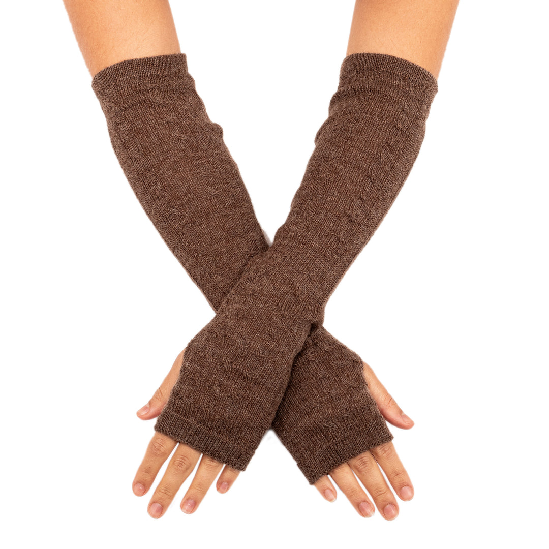 Chestnut Brown 100% Baby Alpaca Cable Knit Fingerless Mitts - Luscious Twist in Chestnut