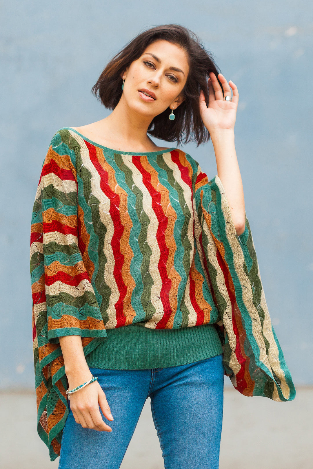 Green and Scarlet Vertical Stripe Alpaca Blend Sweater - Tropical Heatwaves