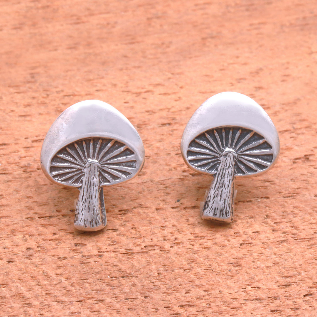 Mushroom-Shaped Sterling Silver Stud Earrings from Bali - Gleaming Mushrooms