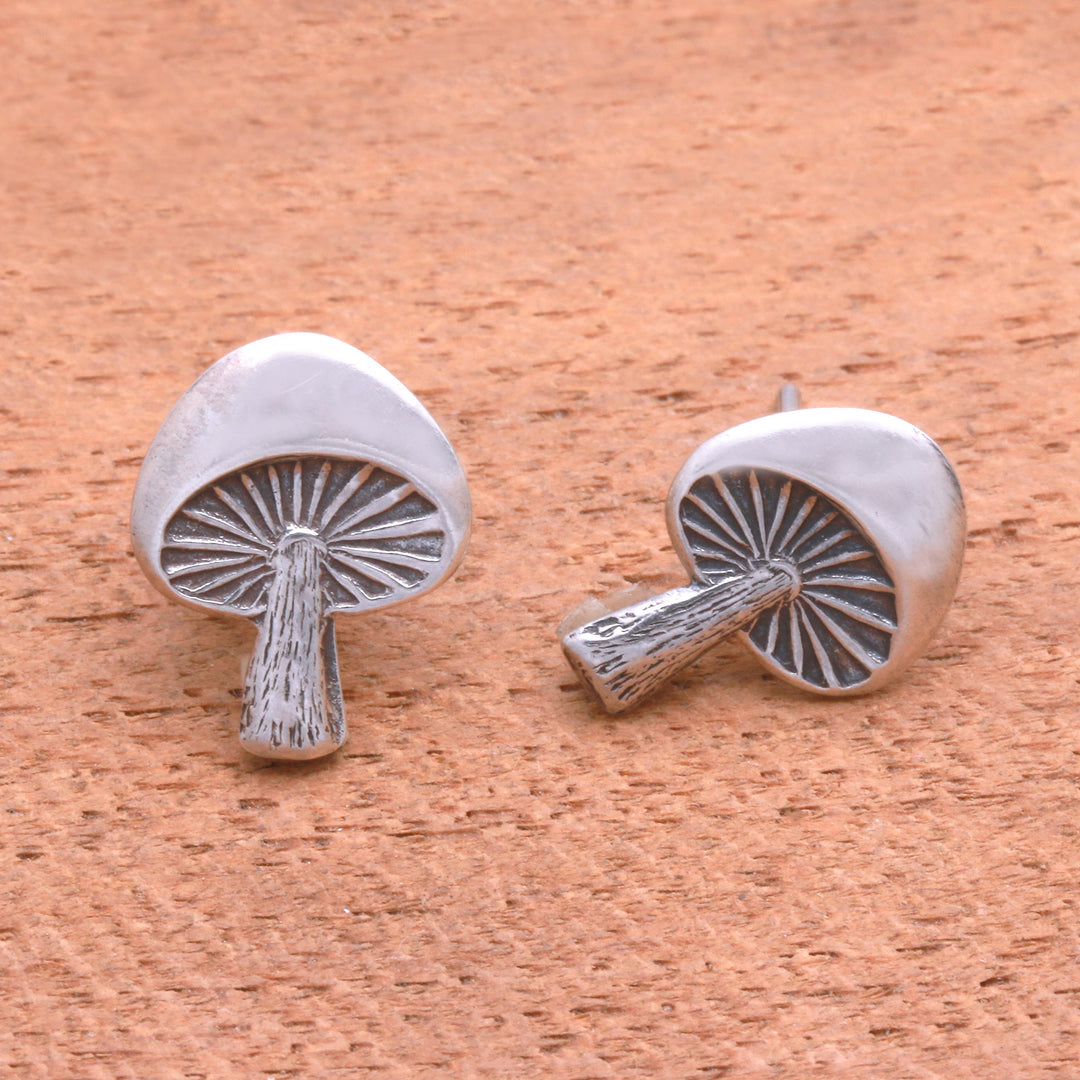 Mushroom-Shaped Sterling Silver Stud Earrings from Bali - Gleaming Mushrooms