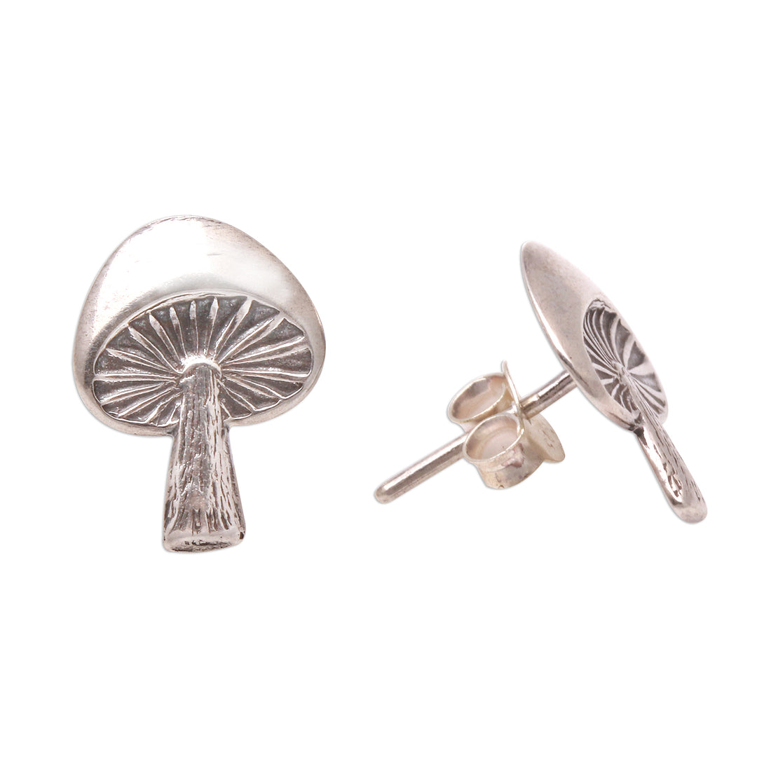 Mushroom-Shaped Sterling Silver Stud Earrings from Bali - Gleaming Mushrooms
