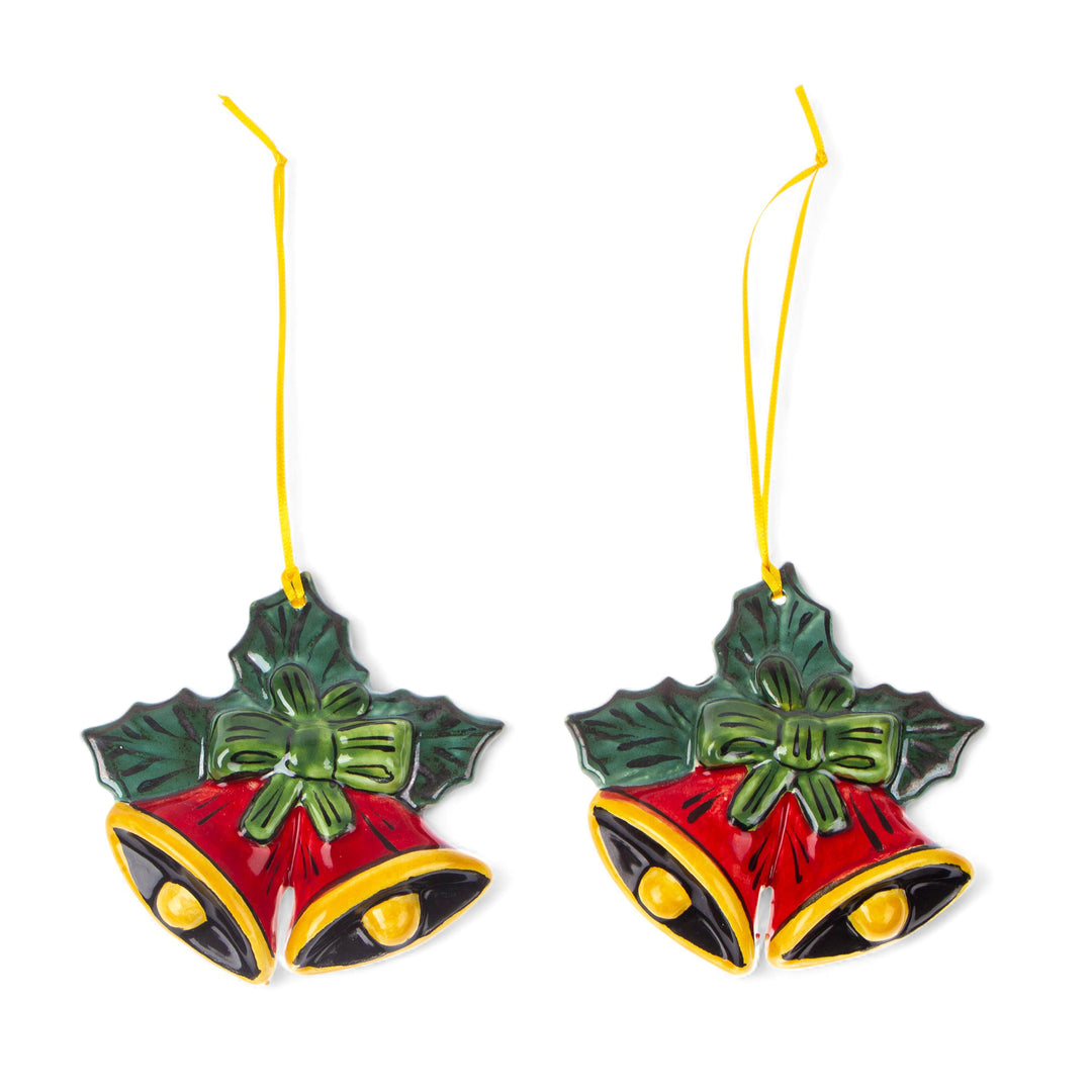 Hand-Painted Red and Yellow Ceramic Bell Ornaments (Pair) - Passionate Bells