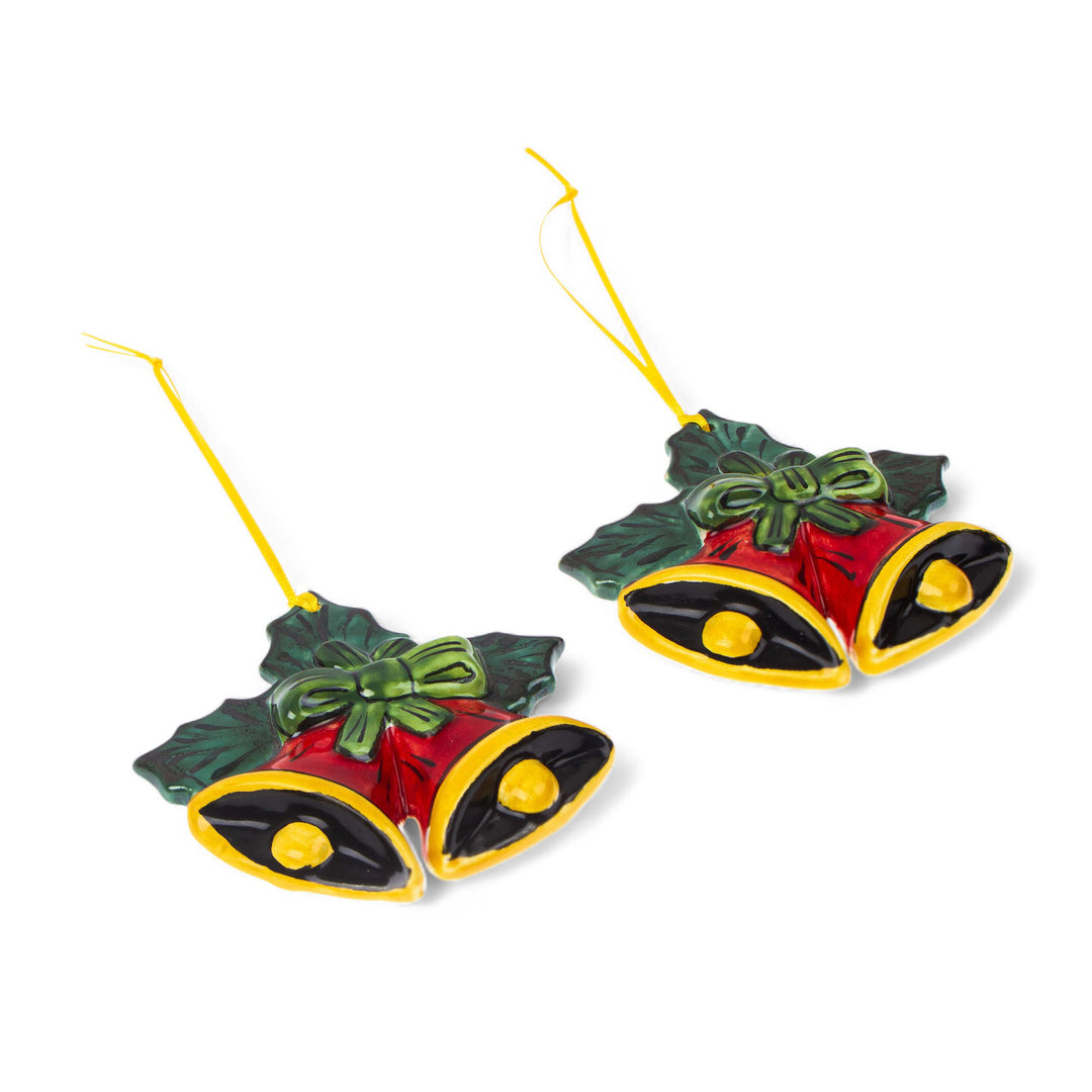 Hand-Painted Red and Yellow Ceramic Bell Ornaments (Pair) - Passionate Bells