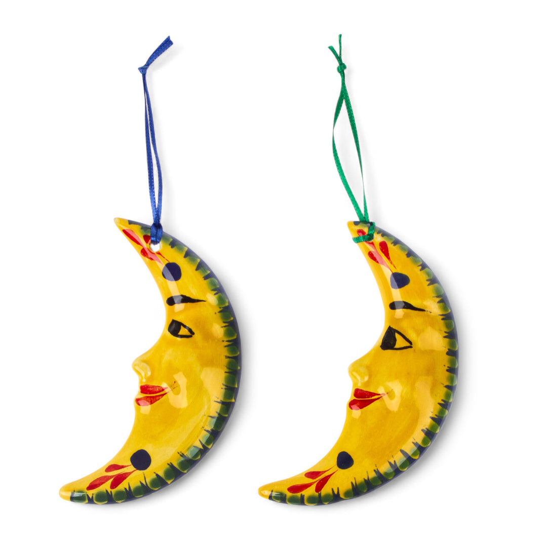 Hand-Painted Yellow Ceramic Moon Ornament Pair - Bright Moons