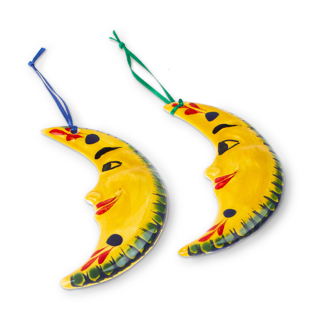 Hand-Painted Yellow Ceramic Moon Ornament Pair - Bright Moons