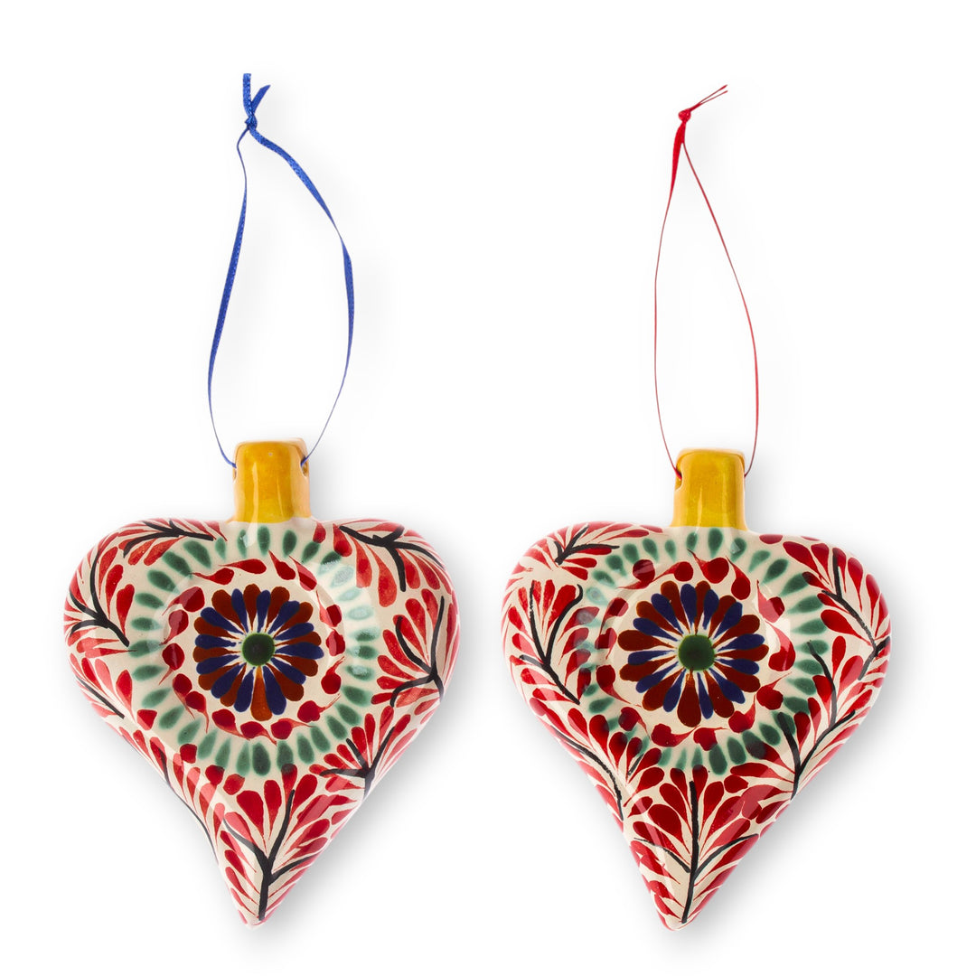 Hand-Painted Heart-Shaped Ceramic Ornament Pair - Majestic Heart