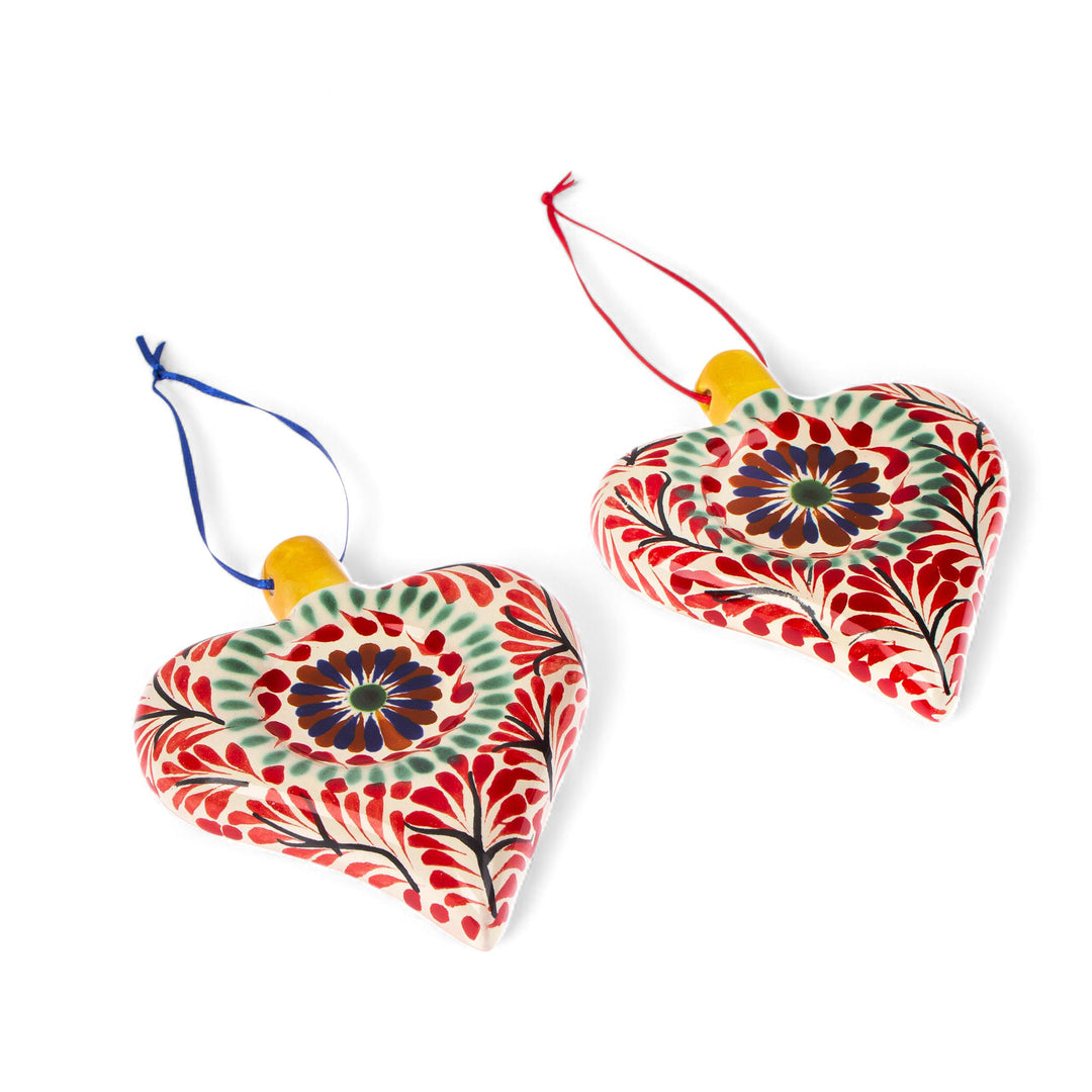 Hand-Painted Heart-Shaped Ceramic Ornament Pair - Majestic Heart