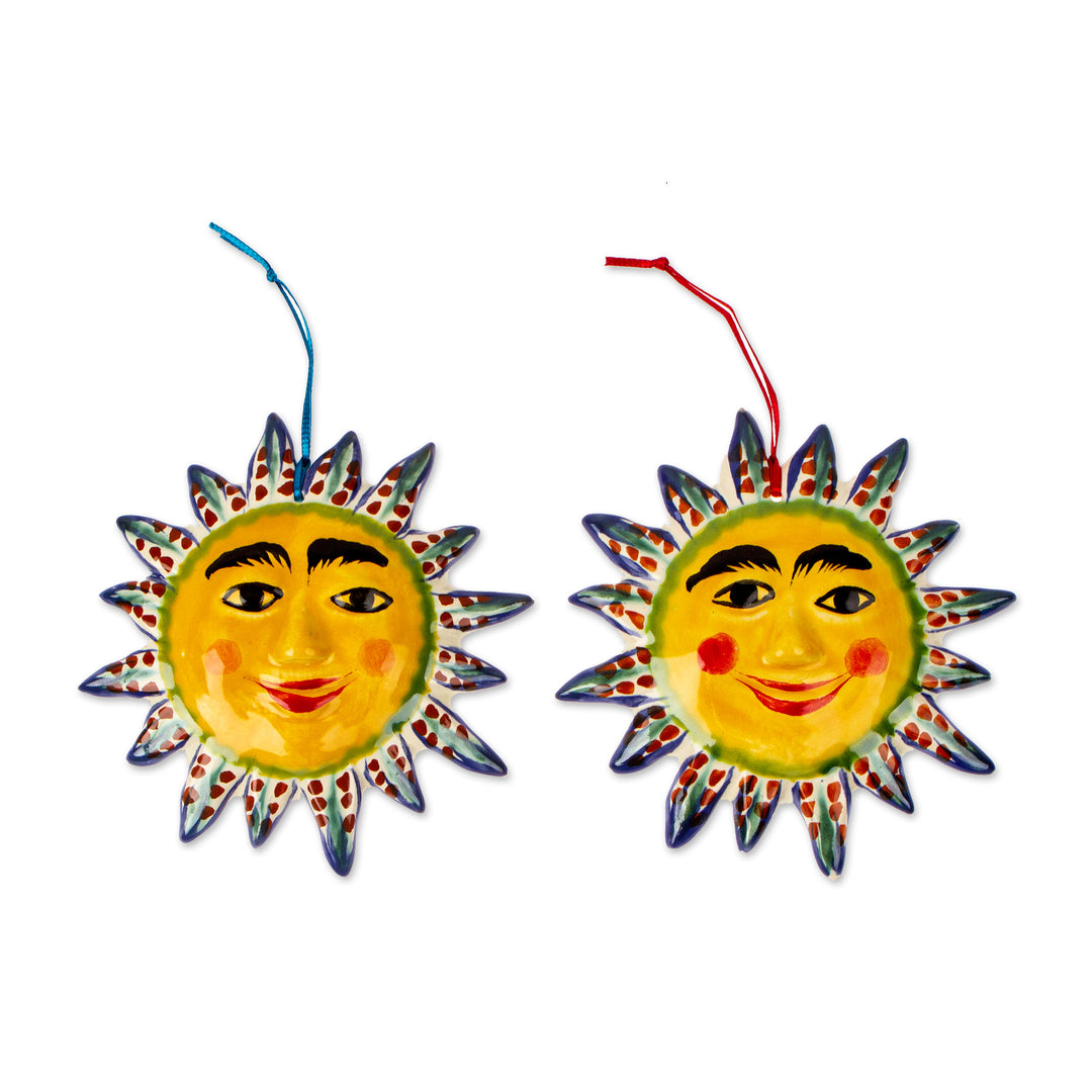 Ceramic Sun Ornament Pair in Yellow from Mexico - Bright Suns