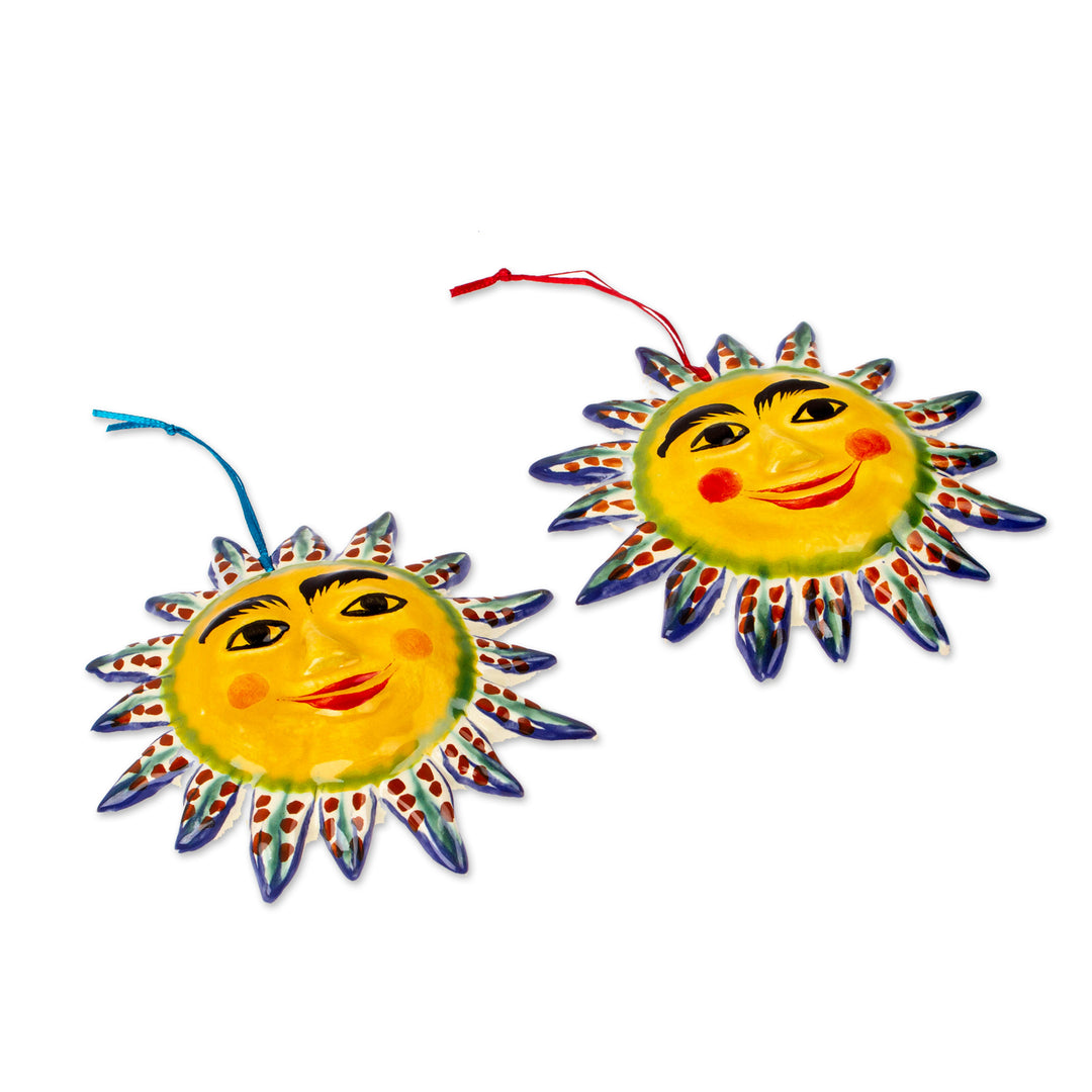 Ceramic Sun Ornament Pair in Yellow from Mexico - Bright Suns