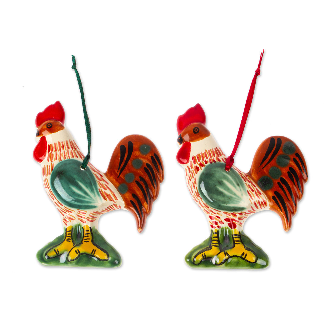Maiolica Ceramic Rooster Ornament Pair from Mexico - Holiday Roosters