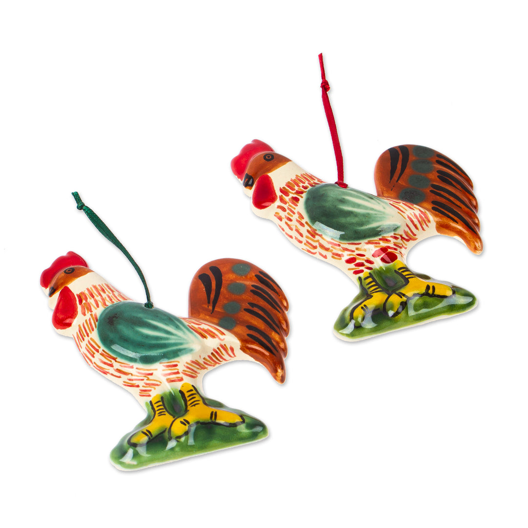 Maiolica Ceramic Rooster Ornament Pair from Mexico - Holiday Roosters