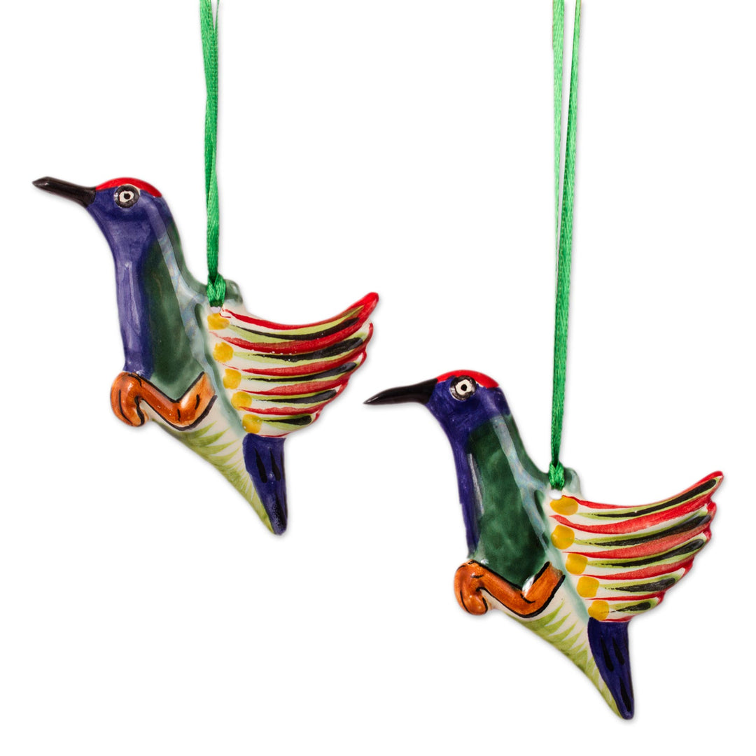 Artisan Crafted Ceramic Hummingbird Ornament Pair - Elegant Hummingbirds