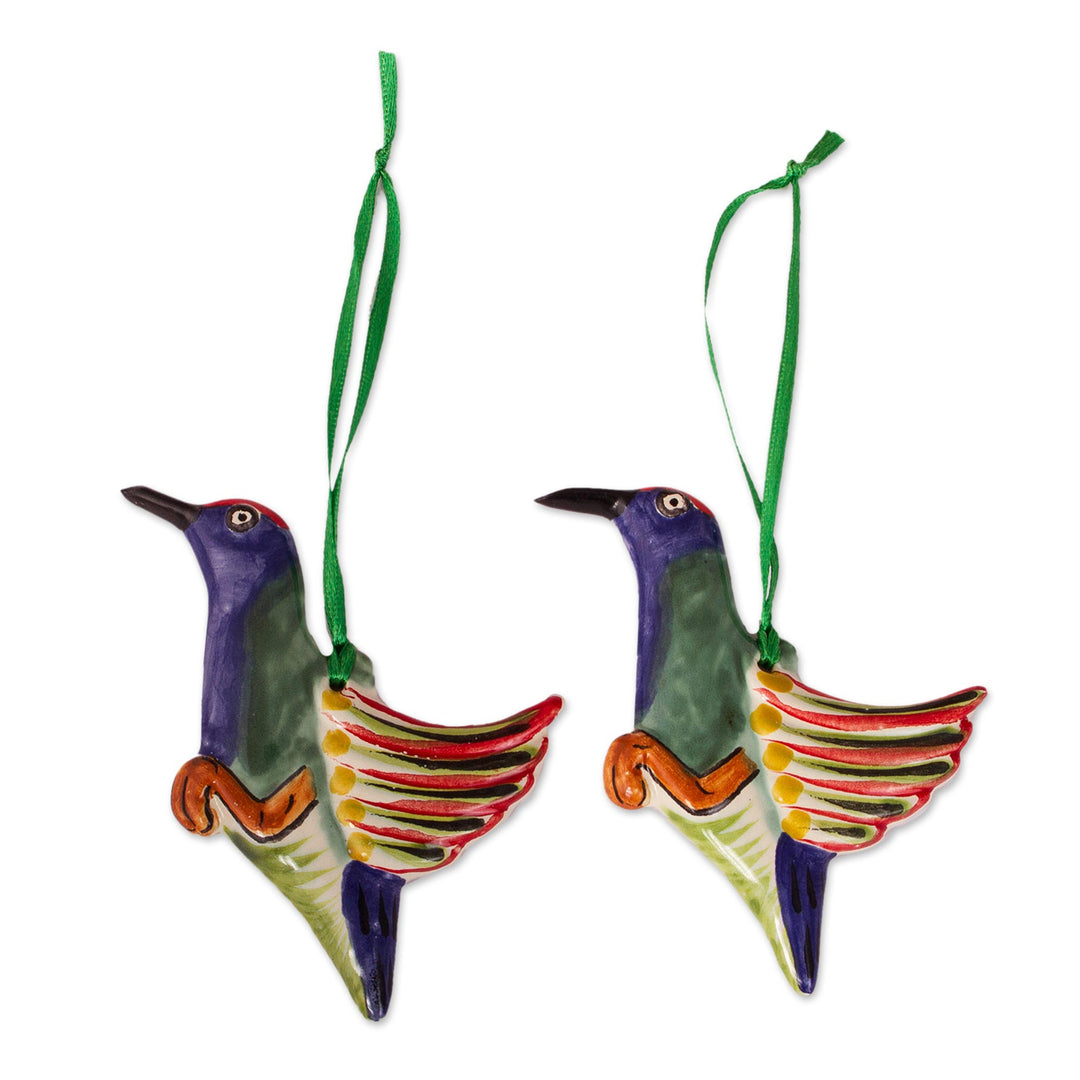 Artisan Crafted Ceramic Hummingbird Ornament Pair - Elegant Hummingbirds