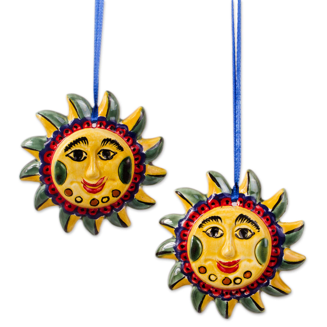 Artisan Crafted Ceramic Sun Ornament Pair from Mexico - Fantastic Suns