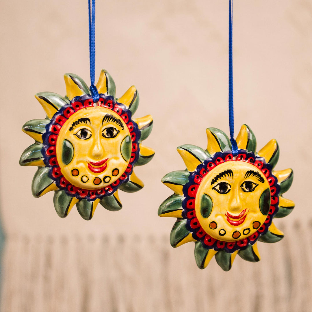Artisan Crafted Ceramic Sun Ornament Pair from Mexico - Fantastic Suns
