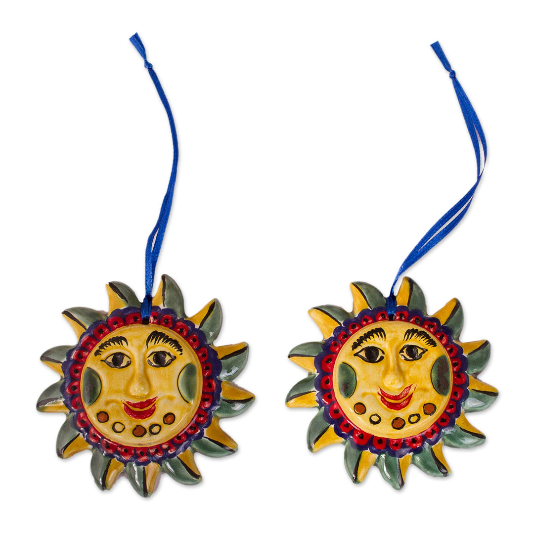 Artisan Crafted Ceramic Sun Ornament Pair from Mexico - Fantastic Suns