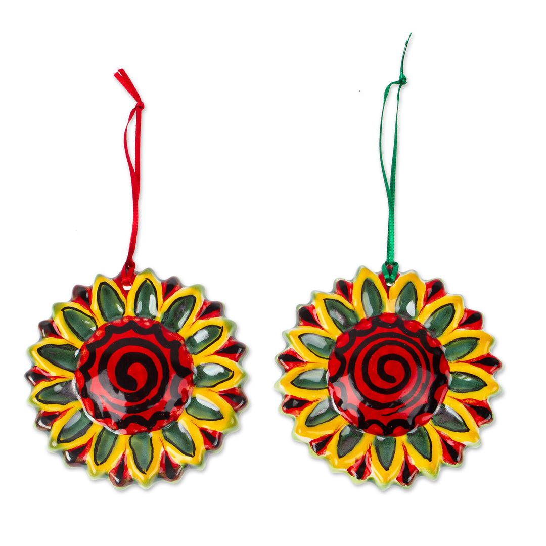 Artisan Crafted Ceramic Sunflower Ornaments (Pair) - Holiday Sunflowers