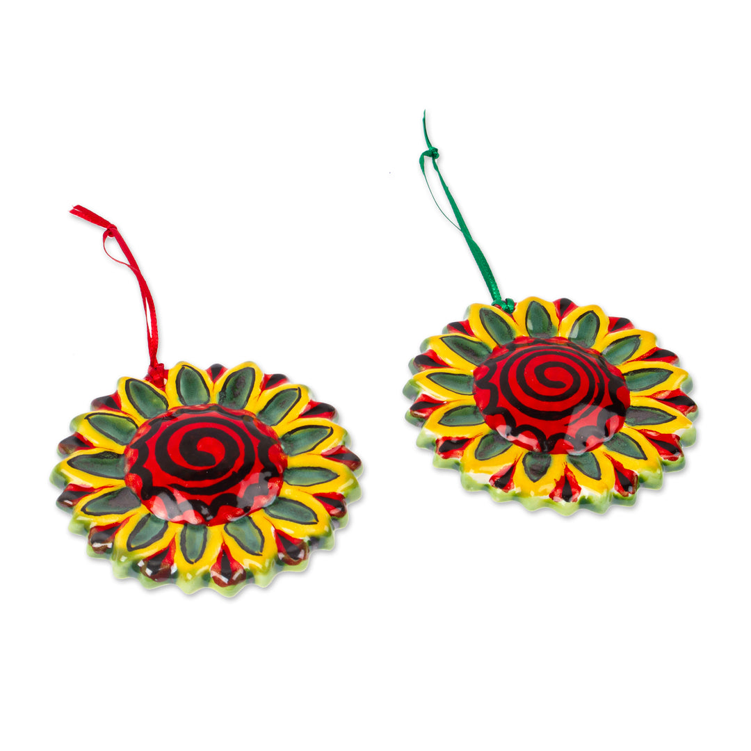 Artisan Crafted Ceramic Sunflower Ornaments (Pair) - Holiday Sunflowers
