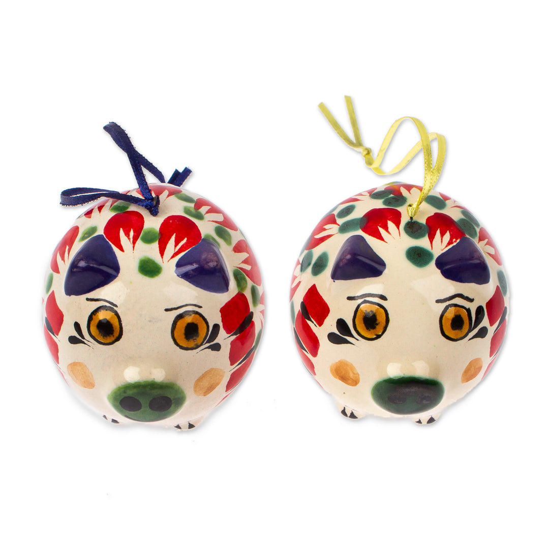 Hand-Painted Ceramic Pig Ornament Pair from Mexico - Holiday Pigs