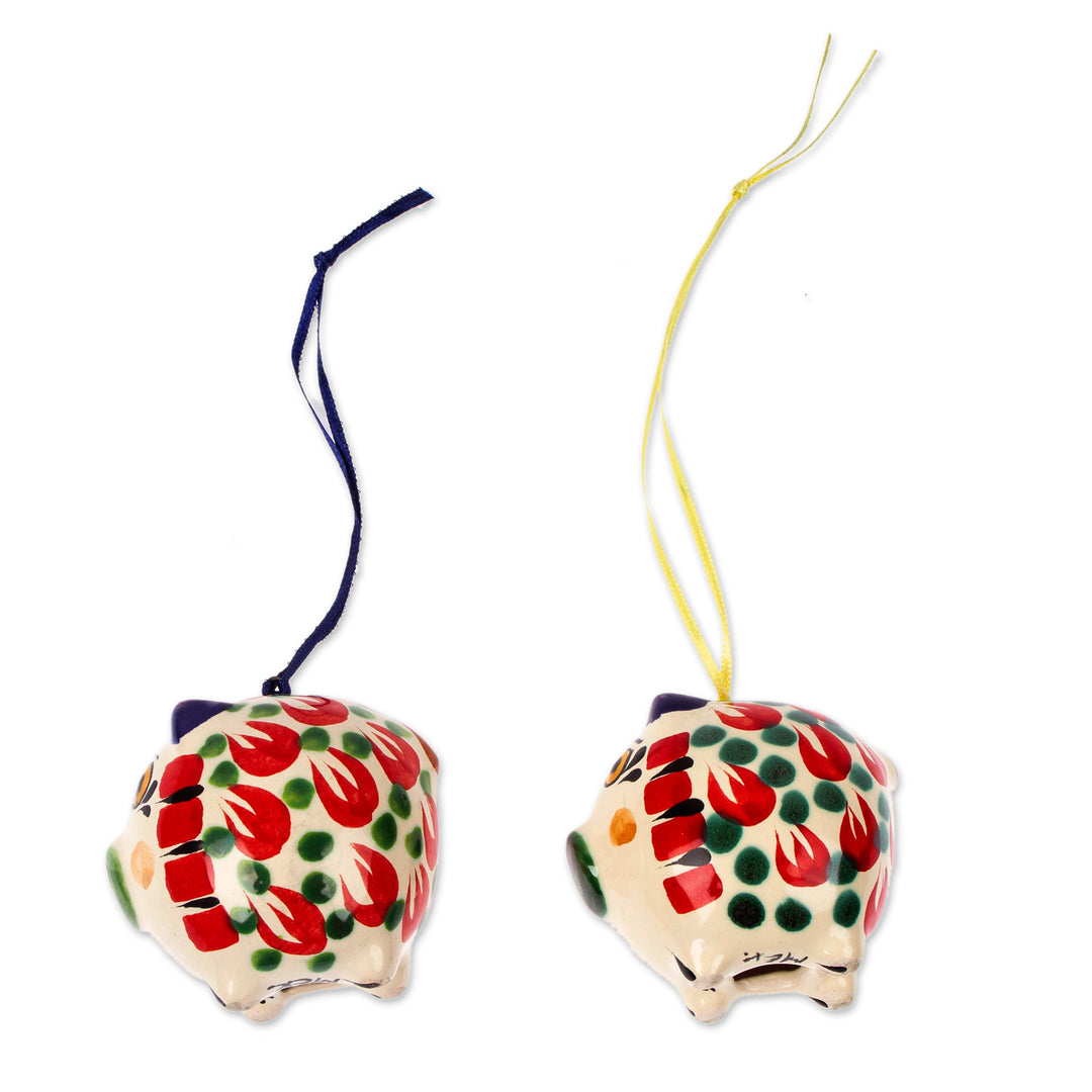 Hand-Painted Ceramic Pig Ornament Pair from Mexico - Holiday Pigs