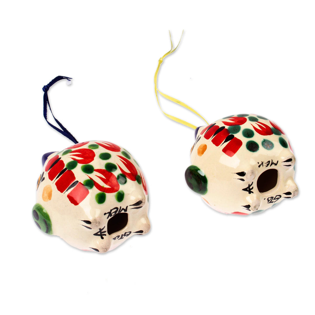 Hand-Painted Ceramic Pig Ornament Pair from Mexico - Holiday Pigs
