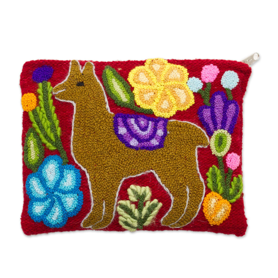 Llama-Themed Embroidered Wool Clutch Bag in Honey - Llama Glam in Honey