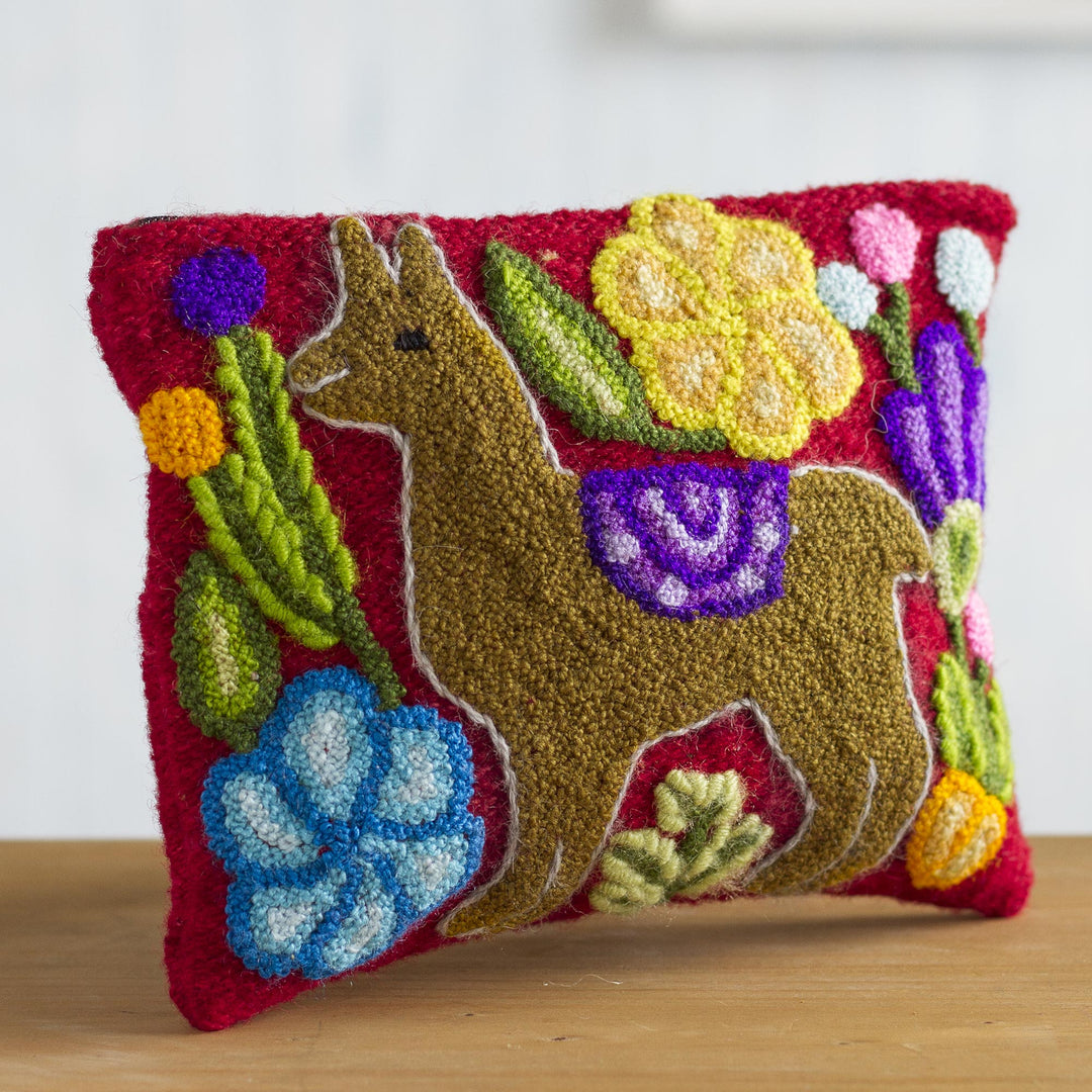 Llama-Themed Embroidered Wool Clutch Bag in Honey - Llama Glam in Honey