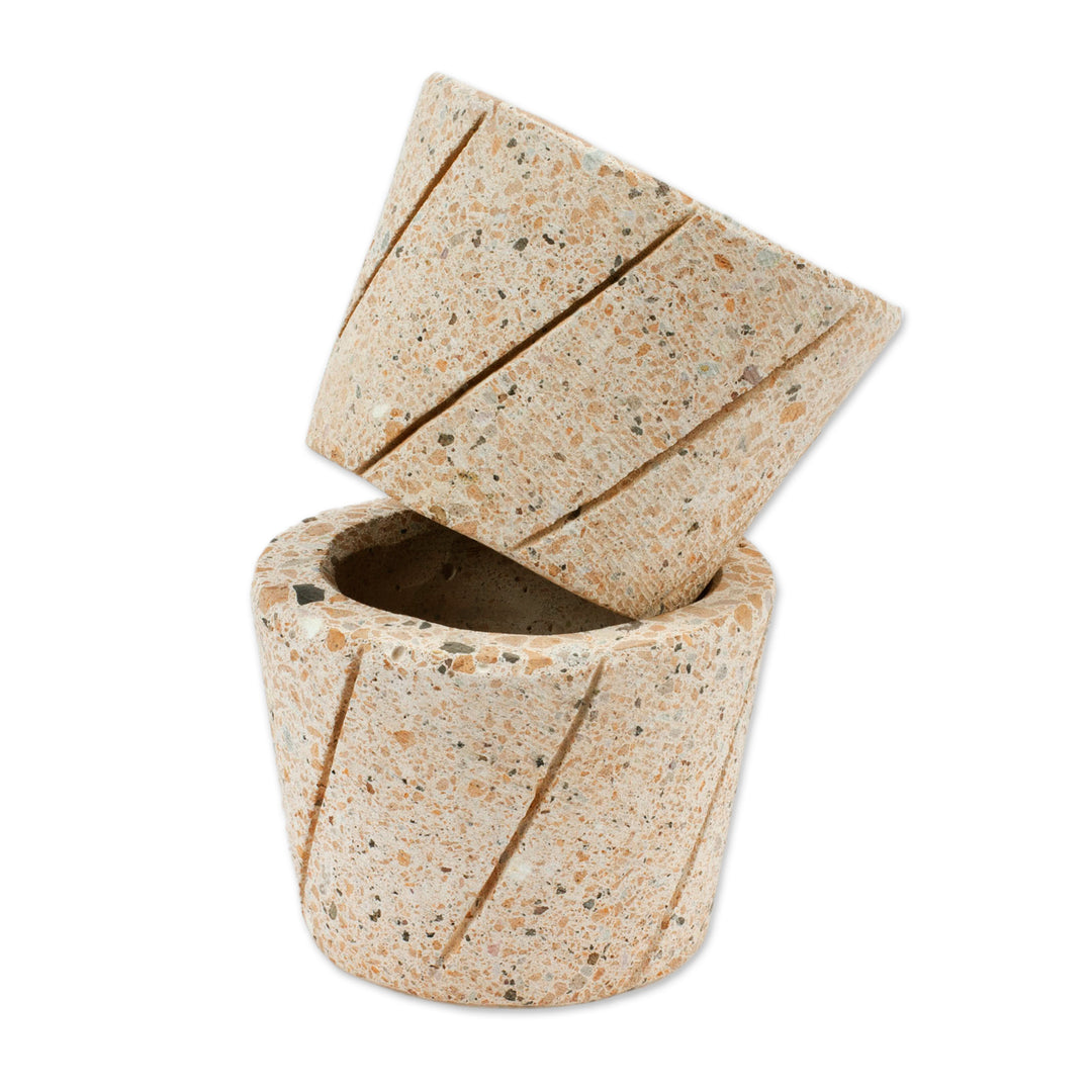 Pair of Spiral Pattern Reclaimed Stone Flower Pots - Verdant Spirals