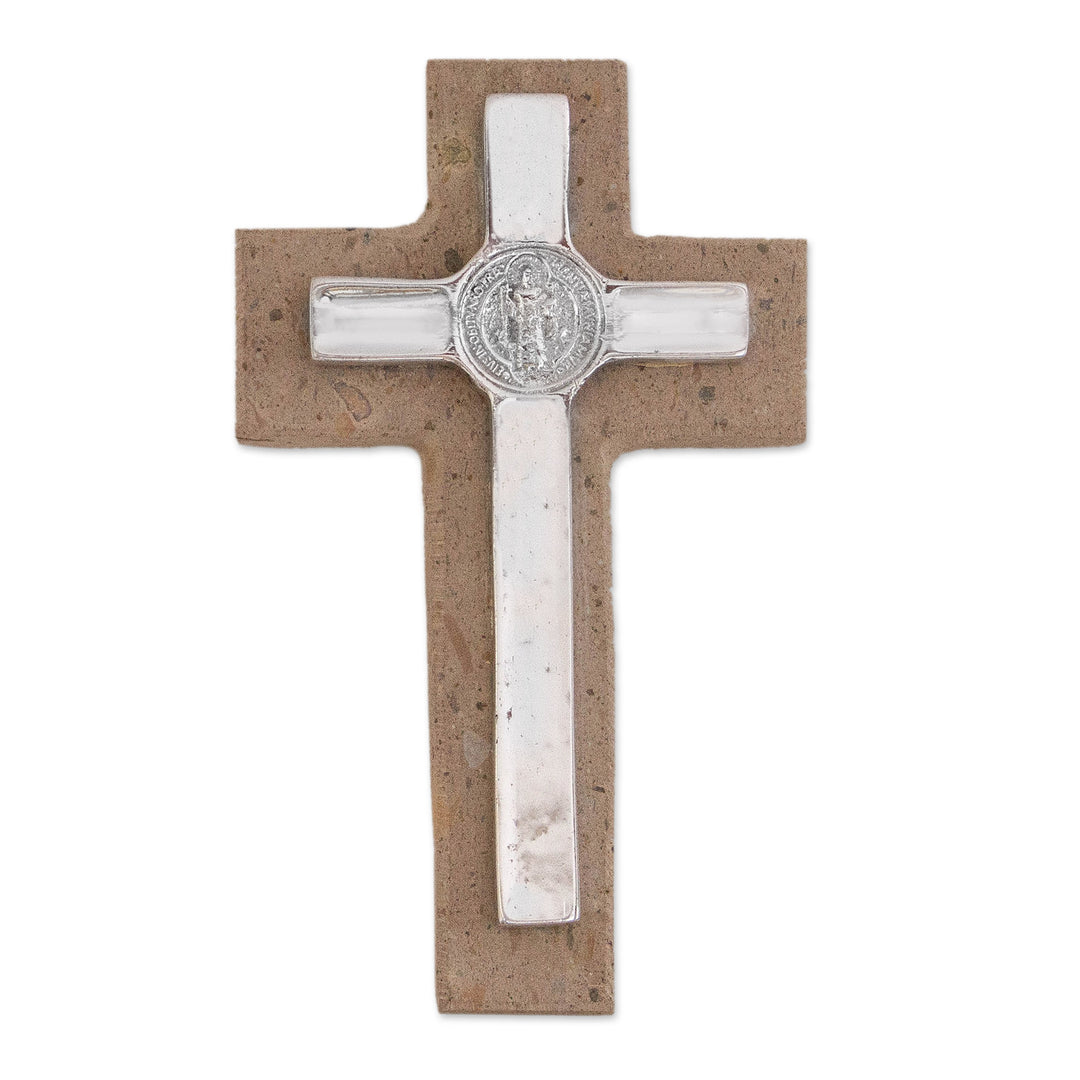 Saint Benedict Pewter and Reclaimed Stone Wall Cross - Saint Benedict
