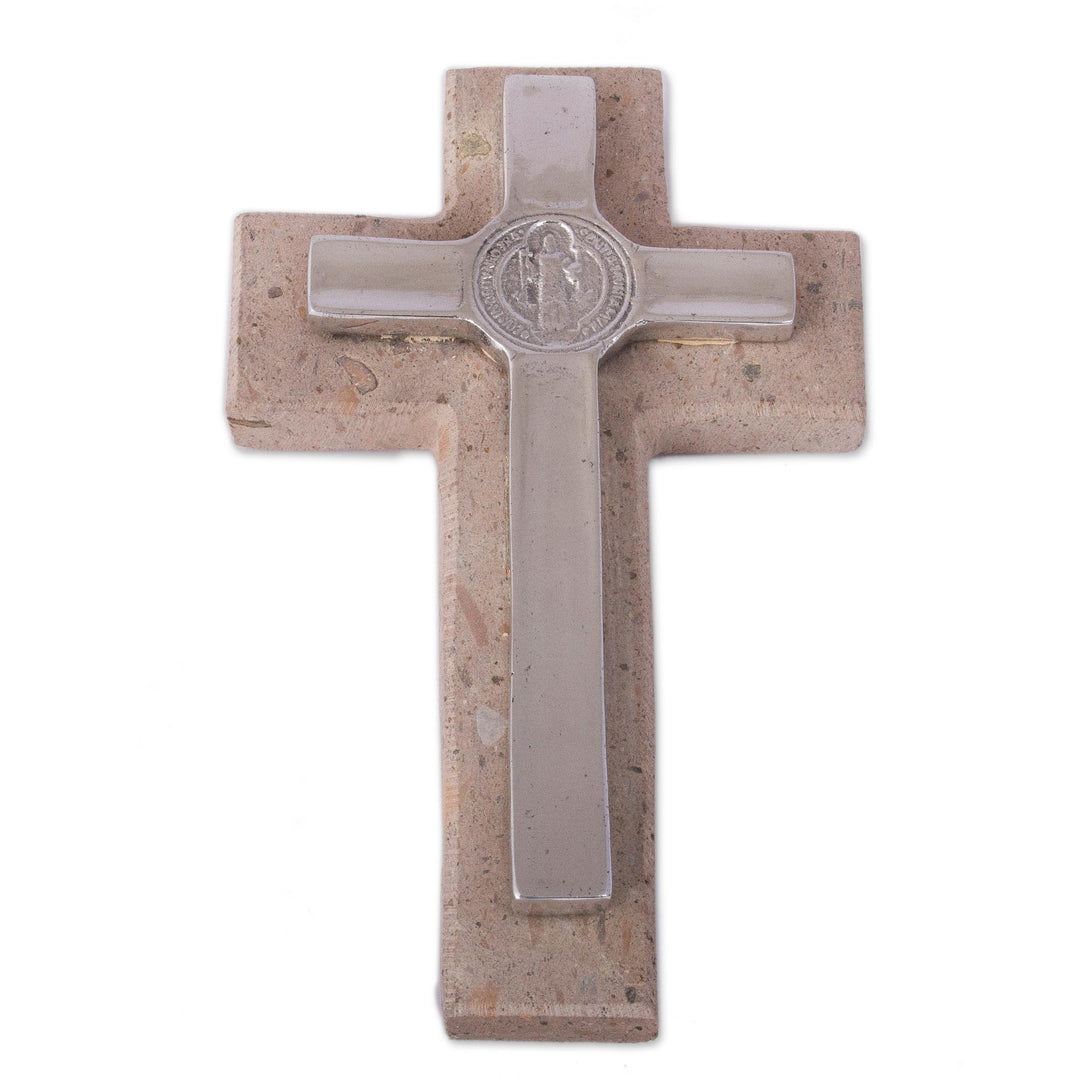 Saint Benedict Pewter and Reclaimed Stone Wall Cross - Saint Benedict