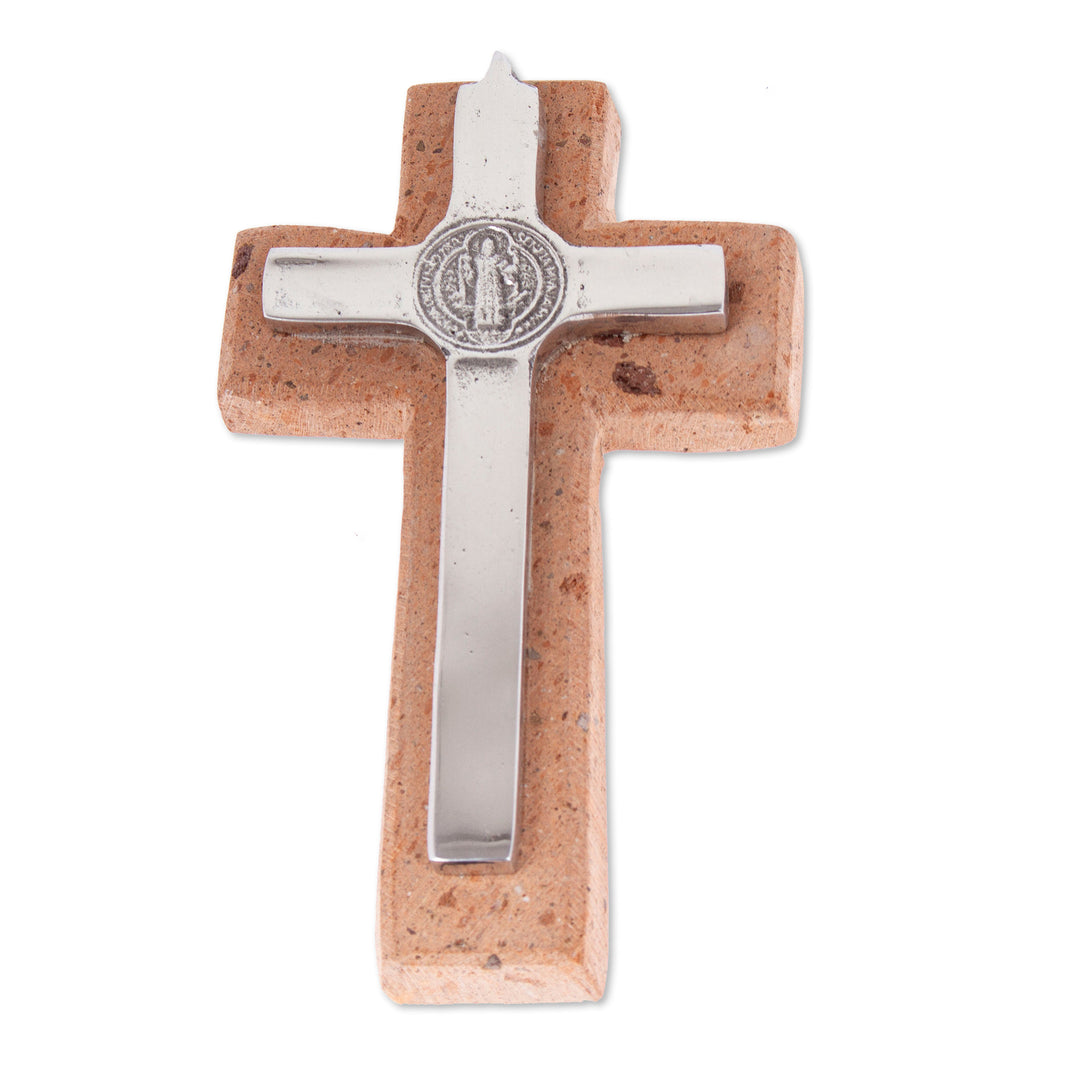Saint Benedict Pewter and Reclaimed Stone Wall Cross - Saint Benedict
