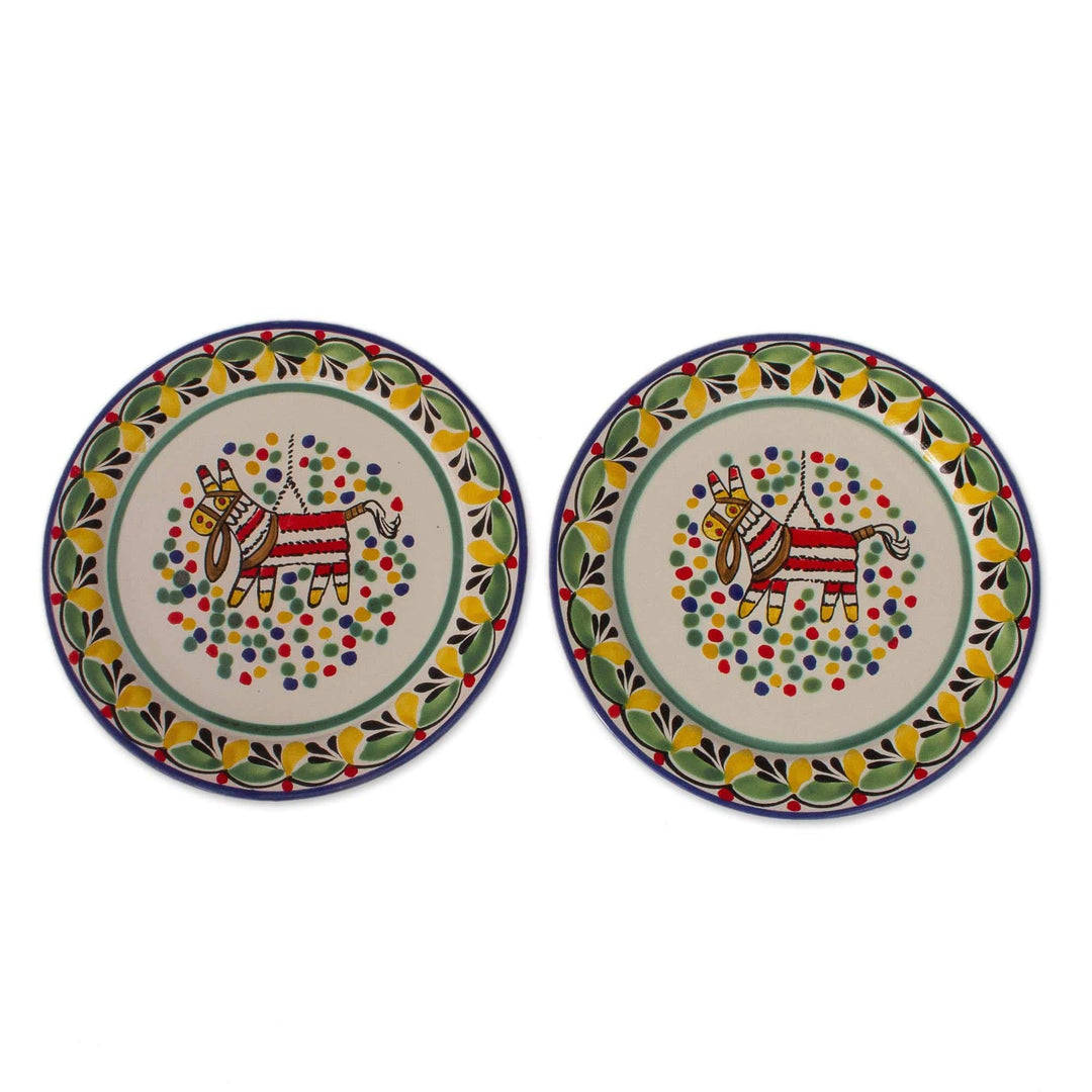 Piñata-Themed Ceramic Salad Plates from Mexico (Pair) - Festive Piñata